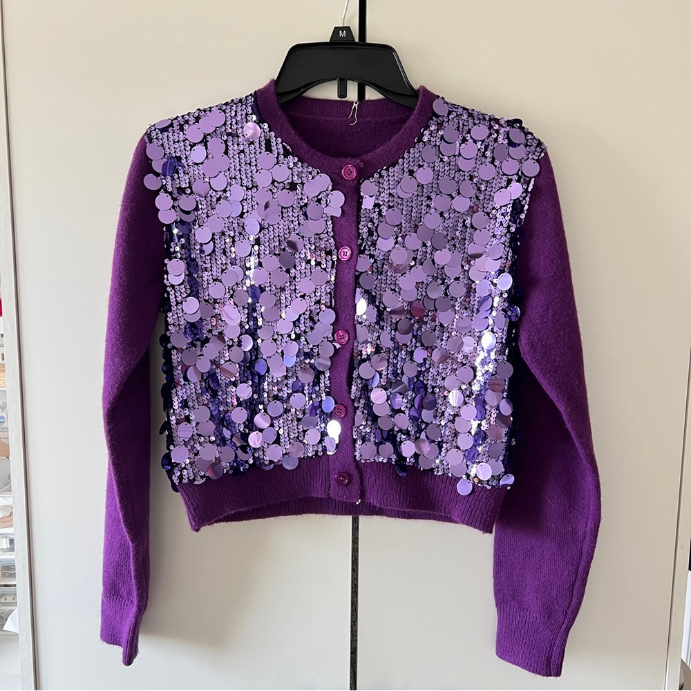 Mermaid Fashion Cropped Purple Button Down Sequined Cardigan S/M